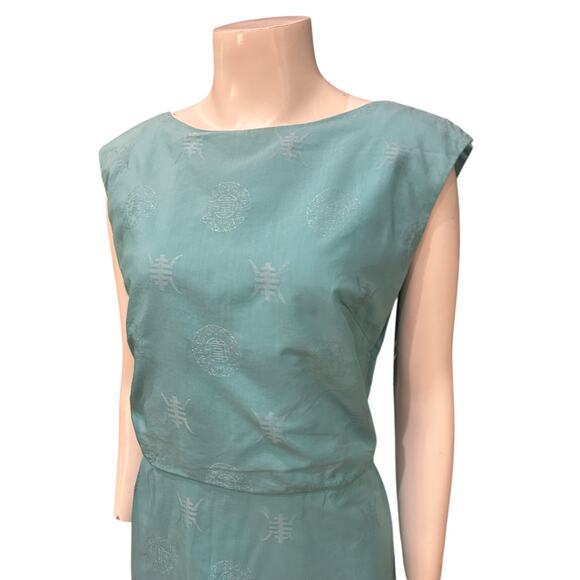 Vintage 1960s Polynesian Casuals Aqua Blue Hawaiian Wiggle Dress / Large - - Picture 2 of 4